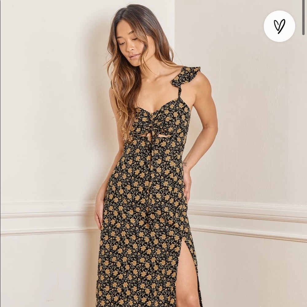 Lulu’s black and yellow floral dress with side slit